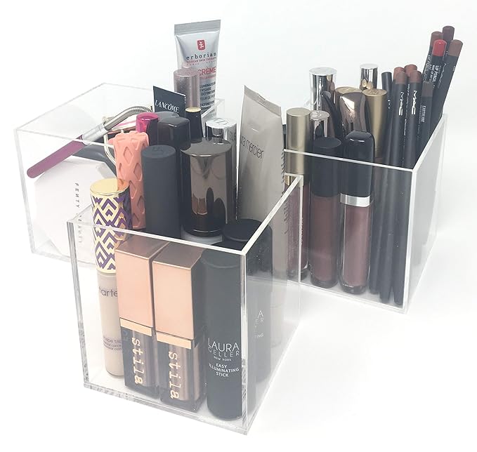 byAlegory Cosmetic Makeup Organizing Cubes Set of 3 Store Beauty Brush Lipgloss Mascara Eye Liner Lip/Eye Liner Pencils Cotton Balls Ear Swabs - Clear