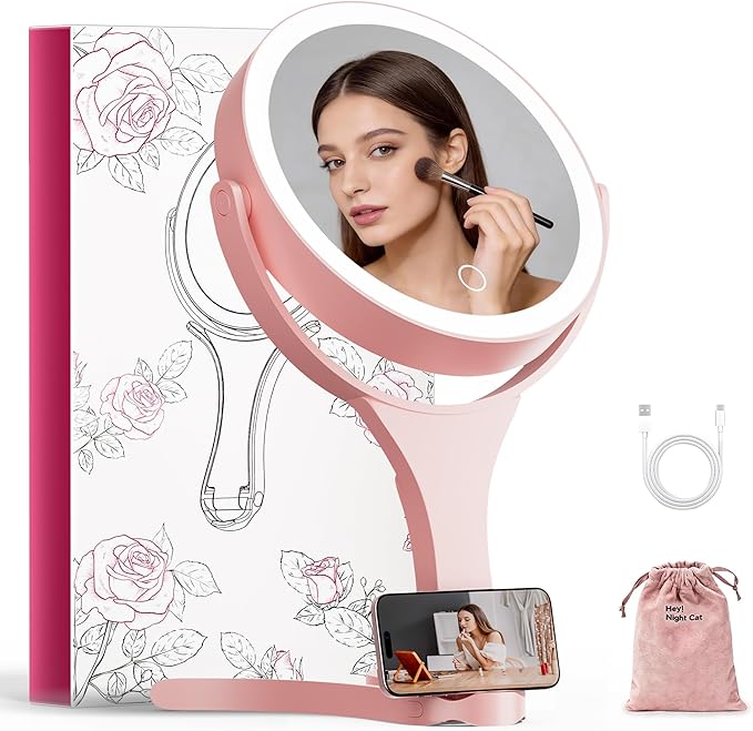 Hasipu Portable Travel Makeup Mirror with Lights – 360° Rotating with 1X/10X Magnifying, Rechargeable Tabletop Handhold Hanging 3 in 1 Mirror (Pink)
