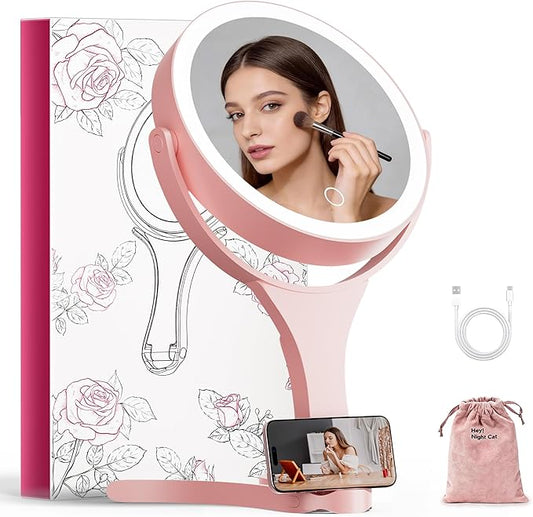 Hasipu Portable Travel Makeup Mirror with Lights – 360° Rotating with 1X/10X Magnifying, Rechargeable Tabletop Handhold Hanging 3 in 1 Mirror (Pink)