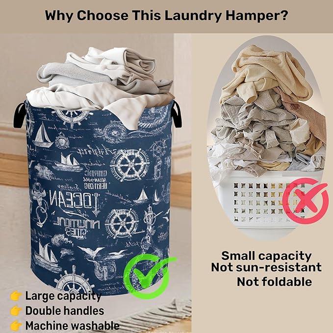 Navy Blue Foldable Laundry Hamper - Waterproof Fabric Storage Basket with Handles, Clothes Hampers for Laundry,Bedroom,Dorm