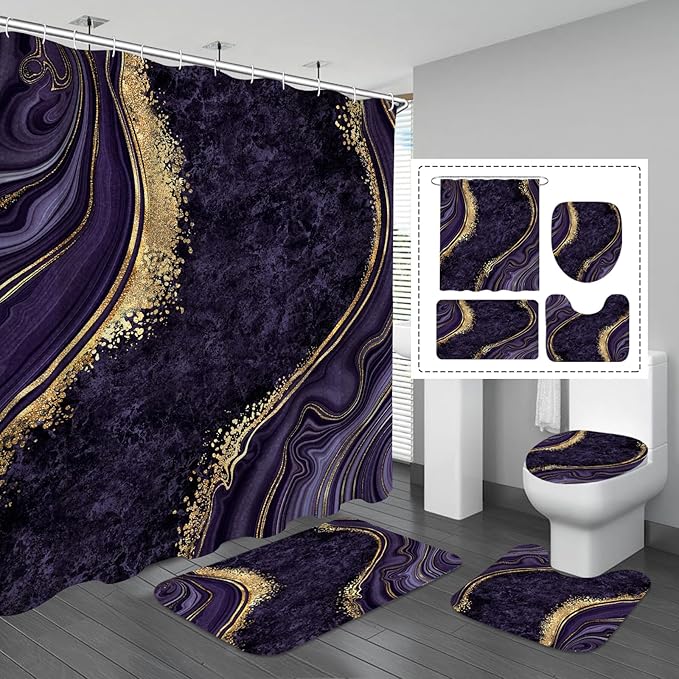Gibelle 4 Pcs Luxury Marble Shower Curtain Set with Non-Slip Rugs, Toilet Lid Cover and Bath Mat, Gold Foil Purple Bathroom Decor Set with Shower Curtain and Rugs and Accessories