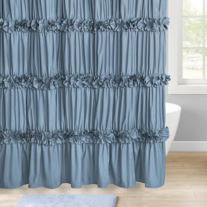 Dusty Blue Ruffle Shower Curtain, Vintage Handcrafted Bow Tie Bath Curtain for Master Bathroom, Ruched Microfiber Bathroom Curtain with 12 Buttonholes, 72" W x 72" H (LQ-10)