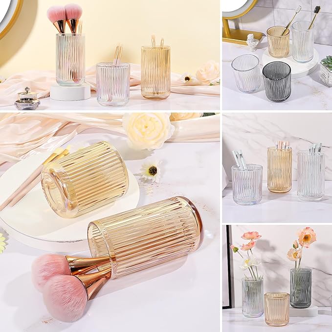 DASITON Makeup Brush Holder Organizer, Crystal Glass Makeup Brushes Storage Holder, Vintage Make Up Brush Cup for Vanity, Pen Pencil Holder for Desk, Toothbrush Holders for Bathroom (Coffee SL)