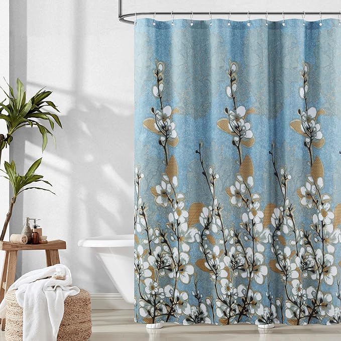 Long Fabric Shower Curtain, Blue Brown Floral Plant Shower Curtains for Bathroom, Decorative Waterproof Bathroom Curtains,78" W x 78" H