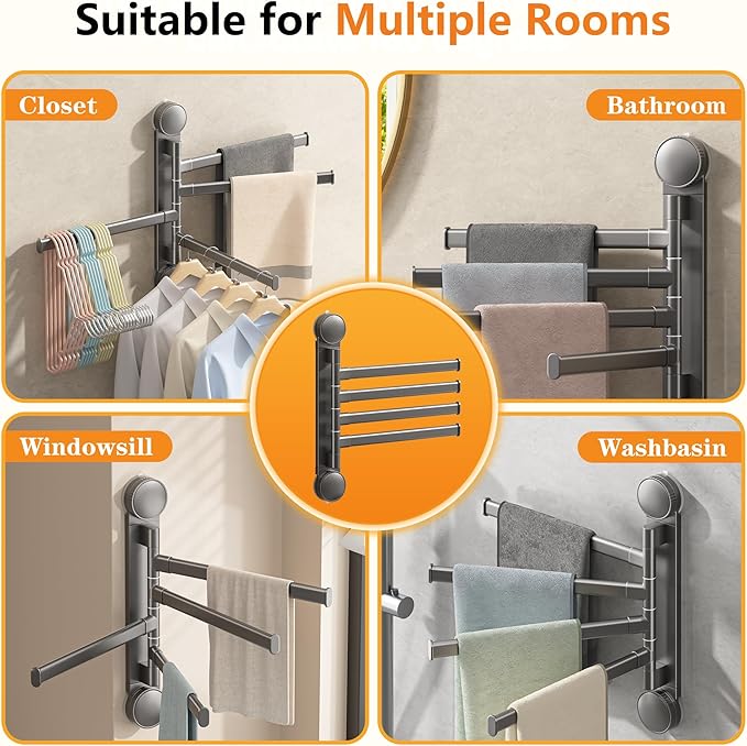 Aluminum 4-Arm Towel Bar - Suction Cup Towel Rack, Swing Out Rustproof Towel Racks for Bathroom & Kitchen, Space Saving