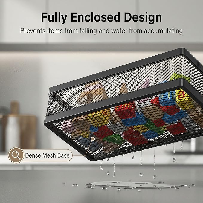 PUSDON Hanging Storage Baskets Organizer Wall Mount, Metal Wire Storage Bin Rack for Kitchen Bathroom Shower Spice Shelf Home Decor Essentials Black-2 Packs (Netting)