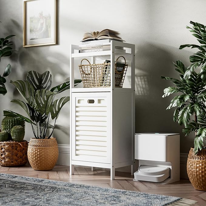HITNET Bamboo Tilt Out Hamper, 10 Gal Bathroom Laundry Cabinet with Hidden Foldable Basket, Freestanding Clothes Storage Organizer with Storage Shelf, White