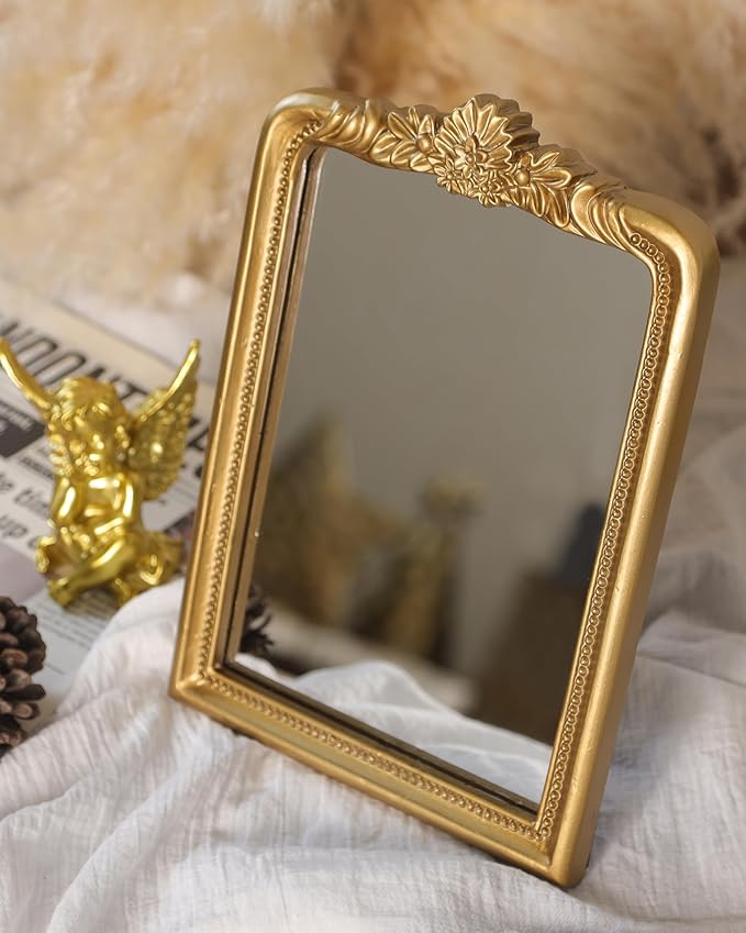 Gold Vintage Vanity Square Mirror, Antique Mirrors for Wall Decorative, Unique Cute Small Mirror, Table Top Makeup Framed Mirrors, Bathroom, Bedroom, Living Room,Fireplace,10.2" L x 7.3" W Gold