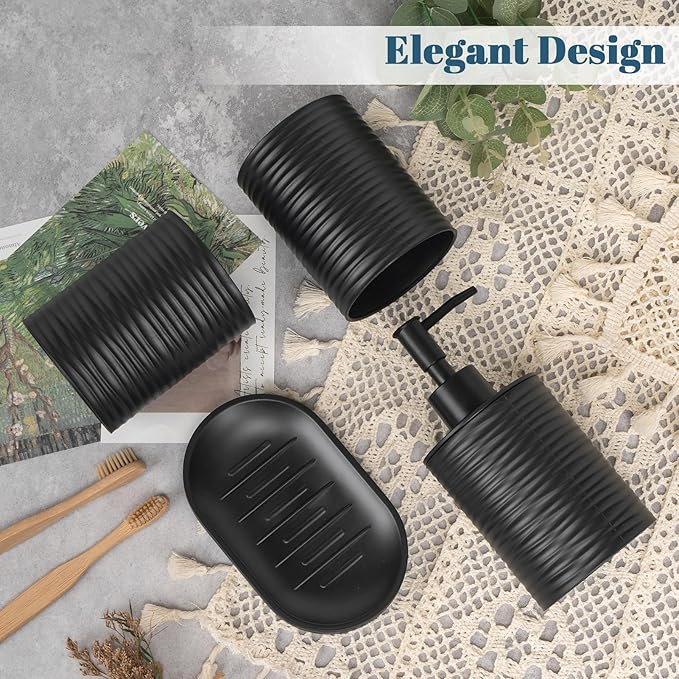 Plastic Bathroom Accessories Set 4Pcs, Black Bathroom Accessory Set Includes Liquid Soap Dispenser with Rust-Proof Plastic Pump, 2Pcs Bathroom Cup, Soap Dish for Modern Home Apartment