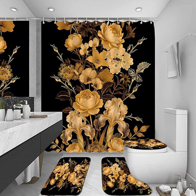 FZDHHY 4Pcs Black and Orange Shower Curtain Set, Luxury-Floral Bathroom Sets, Modern Simple Bathroom Sets with Shower Curtain and Rugs, Shower Curtain with 12 Hooks