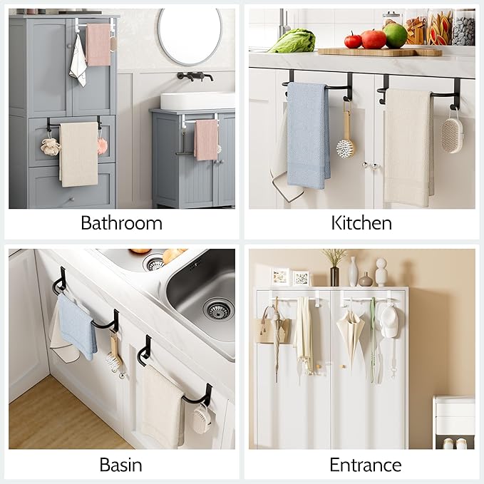 SAYAYO Over Cabinet Towel Bar Black, 8 Inch Kitchen Towel Holder with 2 Hooks, Over The Cupboard Door Dish Towel Rack, 2 Pcs (9 Inch Total Length)