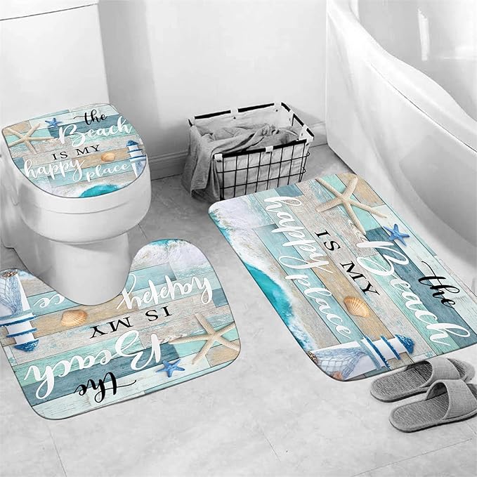Chrainy 4Pcs Nautical Ocean Shower Curtain Sets Sea Wooden Bathroom Set Decor with Non-Slip Rugs Bath U-Shaped Mat Toilet Lid Cover Starfish Lighthouse Bathroom Curtain Shower Set with 12 Hooks