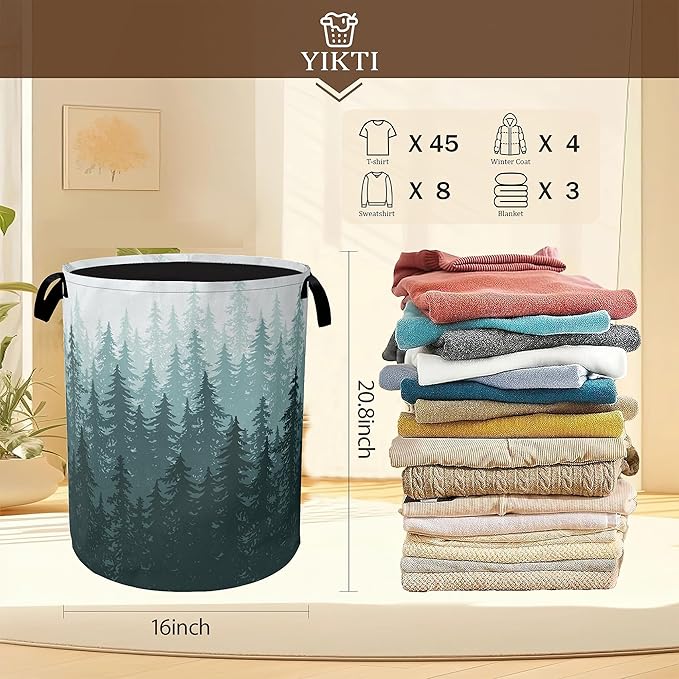 Foggy Forest Laundry Hamper,Green Tree Clothes Hamper for Laundry,Waterproof Oxford Toy Storage Collapsible Hampers for Bedroom, Dorm Room,Bathroom,16x20 Inch