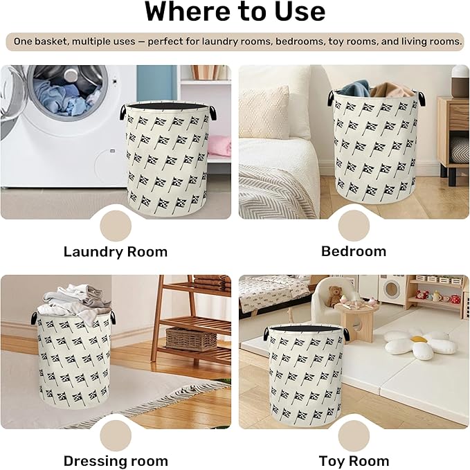 Racing Flag Foldable Canvas Laundry Basket with Handles - Toy Organizer, Heavy Duty for Home，Bedroom, Dorm, Bathroom