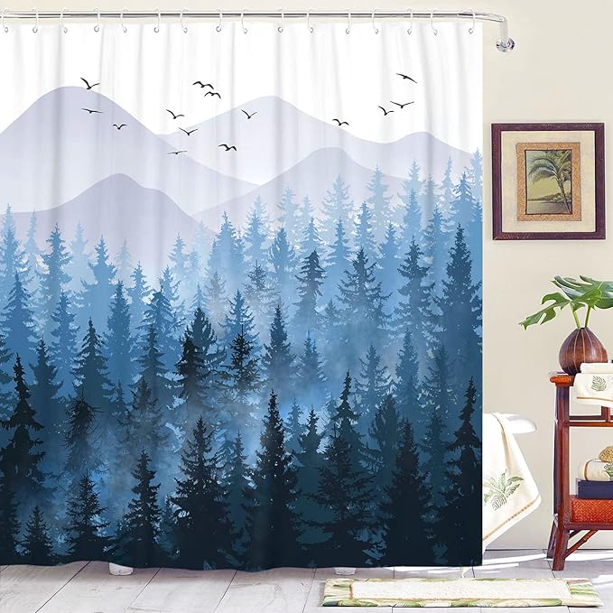Accnicc 84 Inch Extra Long Blue Misty Forest Shower Curtain Set Ombre Navy Blue Mountain Pine Tree Waterproof Fabric Shower Curtains for Bathroom Nature Woodland Decorative Modern Bath Curtain Decor