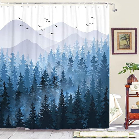 Accnicc 84 Inch Extra Long Blue Misty Forest Shower Curtain Set Ombre Navy Blue Mountain Pine Tree Waterproof Fabric Shower Curtains for Bathroom Nature Woodland Decorative Modern Bath Curtain Decor