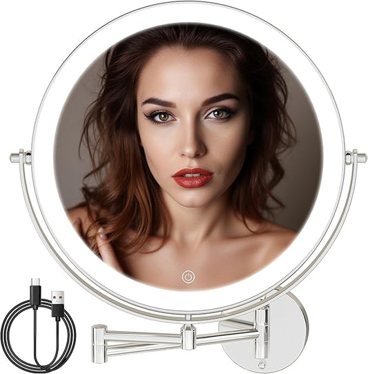 10" Wall Mounted Makeup Mirror with Light, 3000mAh Rechargeable Double Sided 1X / 7X Magnifying Vanity Mirror, 3 Color Lights Touch Dimmable 360° Rotation Bathroom Mirror, Chrome