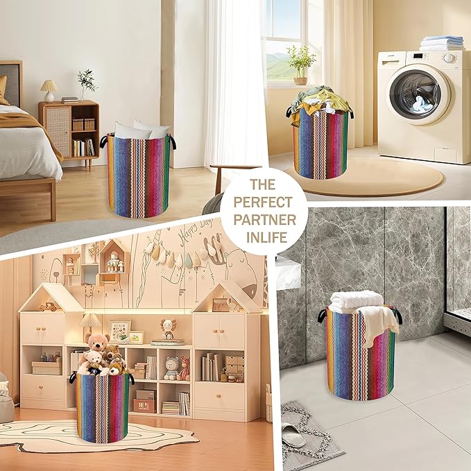 Mexican Stripes Laundry Hamper,Ethnic Collapsible Laundry Baskets,Waterproof Oxford Cloth Laundry Room Organization for Bedroom,Bathroom,Nursery,16x20 Inch