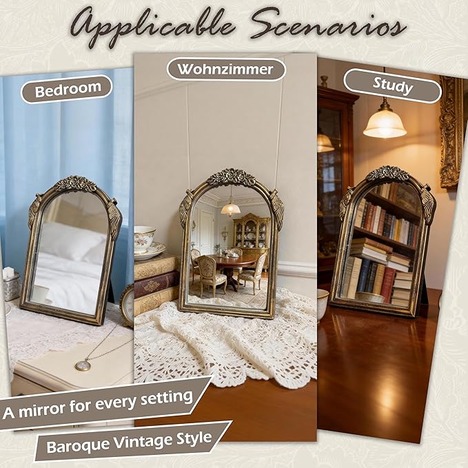 Vintage Vanity Desk Mirror -10x7Inch Wall-Mounted & Tabletop Decorative Ornate Gold Accent Retro Makeup Mirror for Bedroom Dresser Living Room Bathroom Dorm Champagne Gold