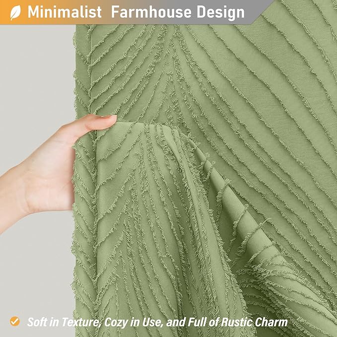 BTTN 78 Inch Long Shower Curtain - 72x78 Tufted Leaves Textured Striped Country Shower Curtain Set with Hooks, Water Repellent, Modern Farmhouse Luxury Hotel Shower Curtains for Bathroom, Sage Green