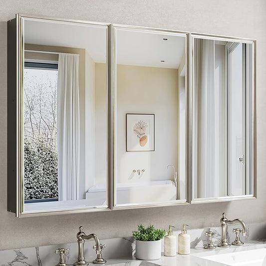 Pre-Assembled Surface or Recessed Medicine Cabinet Mirror-48x30 Brushed Nickel Bathroom Medicine Cabinet with Mirror & Rustproof Aluminum Frame, Beveled Bathroom Vanity Mirror with Storage