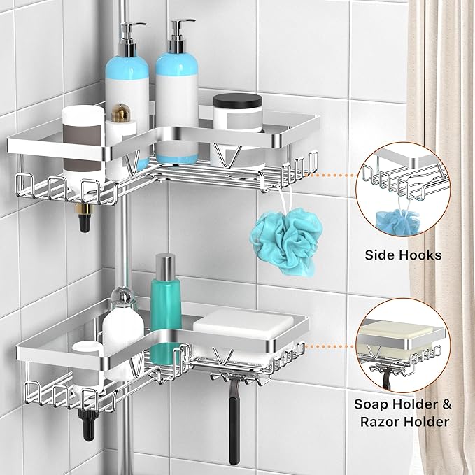 KEGII 6-Tier Corner Shower Caddy Tension Pole, Adjustable Shower Tension Rod Organizer, Floor to Ceiling Shower Caddy 25-114.2 inch, Silver