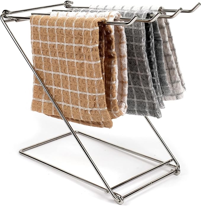 LENITH Stainless Steel Washcloth Holder Dish Rag Cloth Holder, 4 Arms Folding Towel Drying Rack for Kitchen countertop Bathroom, Hand Towel Stand Rack, Silver
