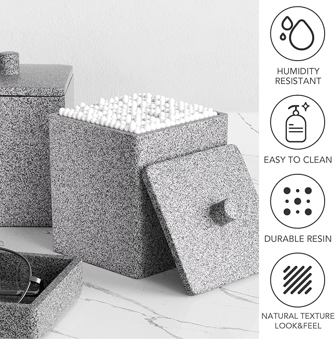 Gray Bathroom Accessories Set Resin 6PCS, Square Toothbrush Holders Set Complete with Soap Dispenser, Vanity Tray, Tumbler, Cups and Cotton Swab Jars for Counter, Sink or Small Spaces