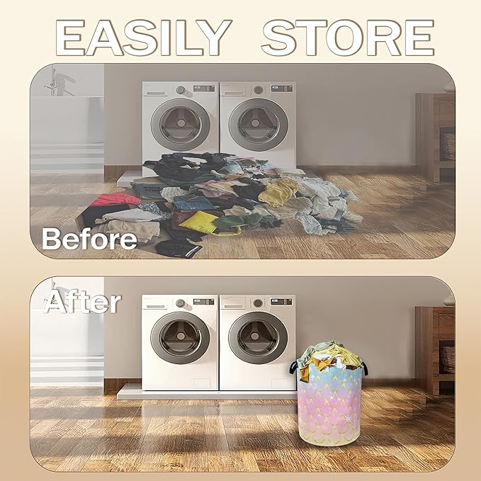 Glitter Mermaid Scales Laundry Basket,Pink Blue Gold Clothes Hamper,Oxford Cloth Collapsible Nursery Hamper Storage Organization for Bedroom,Bathroom,Office,College Dorms,16x20 Inch
