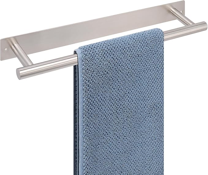 Self Adhesive Towel Bar, 16 Inch Round Towel Racks for Bathroom Wall Mounted SUS304 Stainless Steel Towel Hanger for Kitchen, No Drill or Screw-Mounted Towel Holder (Brushed Nickel)