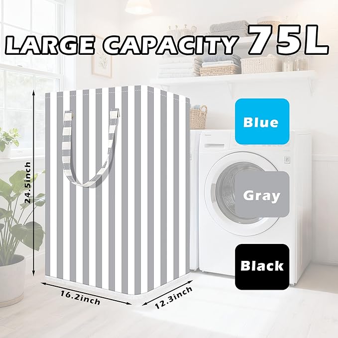 Large Laundry Basket ，75L Waterproof,Collapsible Laundry Hamper with Extended Handles for Clothes in the Family Dorm (Vertical Stripe Black，Blue，Grey，)