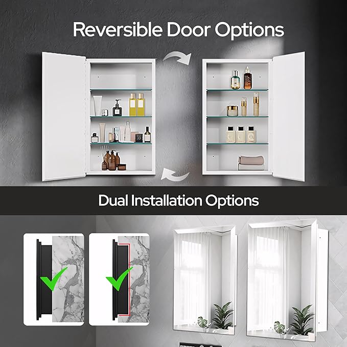 HOUSE REFLECTION Bathroom Medicine Cabinet Mirror – Frameless Beveled Mirror Door, Wall Mounted Bathroom Mirror Cabinet, Recessed or Surface Mount, (12" x 21" Cabinet, 14" x 24" Mirror Door)