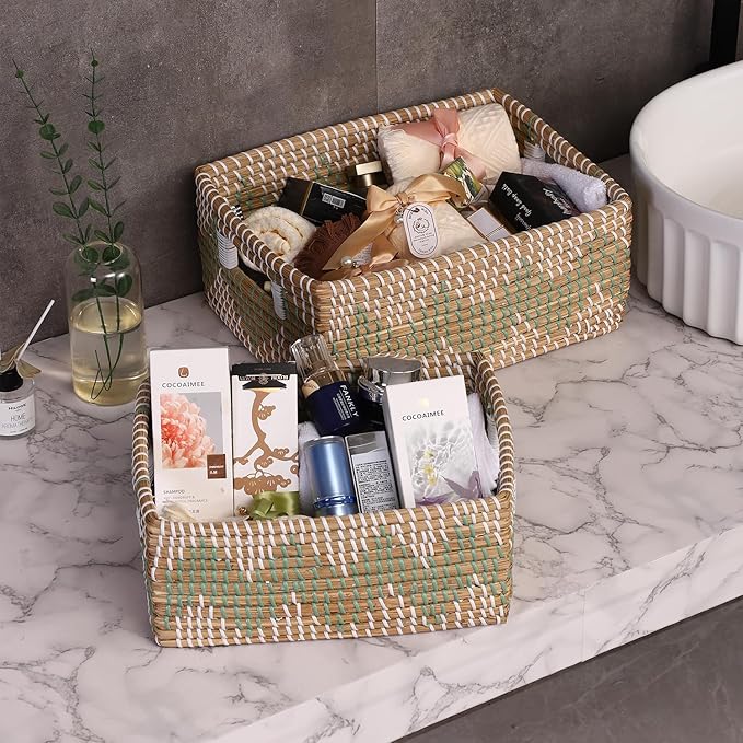Laundry Hamper Baskets with Lids - 4 Pack Woven Seagrass Hamper with Washable Liner, Home Storage Organization Bins for Clothes, Toys, Hamper with Lid for Bedroom, Bathroom, Laundry Room & Kitchen