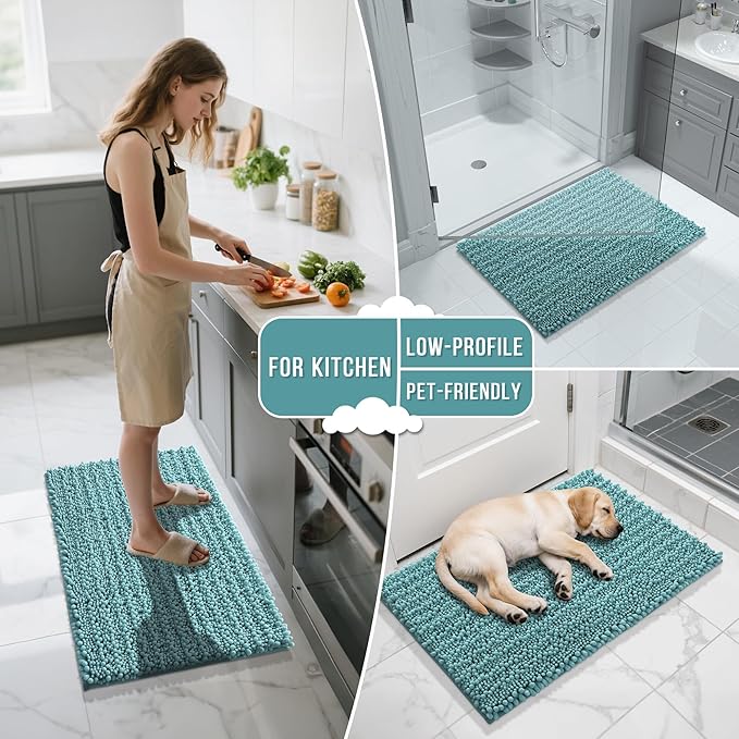 Yimobra Large Bathroom Rugs Non Slip Washable 36x24 Inch - Ultra Soft Absorbent Chenille Bath Mat, Quick Dry Shaggy Floor Carpet for Tub Shower, Teal Blue Home Decor Accessories