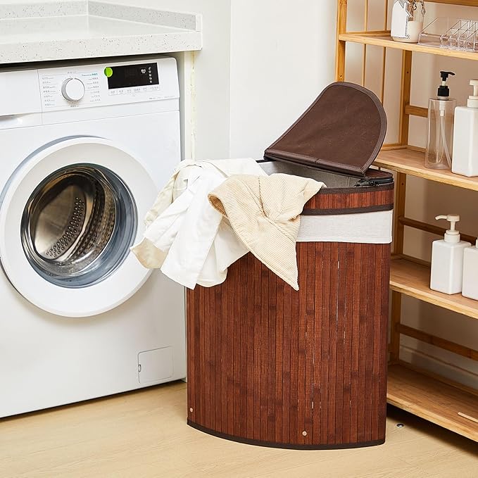 Gueevin Corner Laundry Hamper with Lid and 2 Removable Cloth Liners Bamboo Corner Laundry Basket Collapsible Clothes Basket Storage Bin for Bedroom Bathroom Laundry Living Room (Espresso Color)