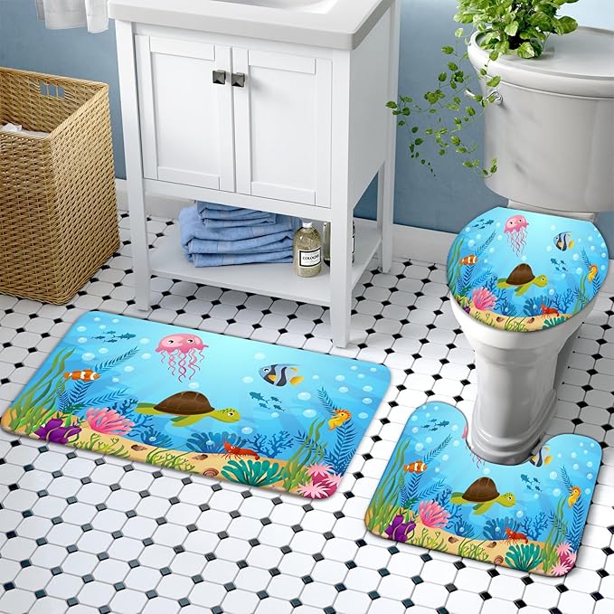 Lnond 4 Pcs Kids Bathroom Shower Curtain Set, Ocean Sea Turtle Bathroom Sets for Kids Bathroom Decoration with Shower Curtain, Non Slip Bathroom Rugs, Toilet Lid Cover, U Toilet Mat and 12 Hooks