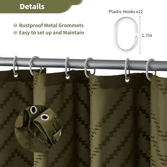 Boho Shower Curtain with Tassel Woven Fabric Olive Green Shower Curtain 72 x 72 Modern Farmhouse Textured Tufted Chevron Striped Minimalist Bathroom Shower Curtains