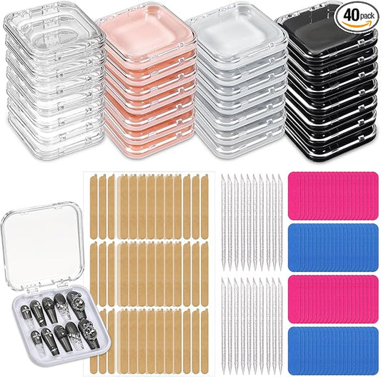 40 Pcs Press On Nail Packaging Box, 3 x 3 x 0.63 Inch Acrylic Nails Display Case with 60 Pcs Adhesive Double Sided Tape, Frosted Strip, Peritectic Rod Fake Nails Storage Case for Nail Salon