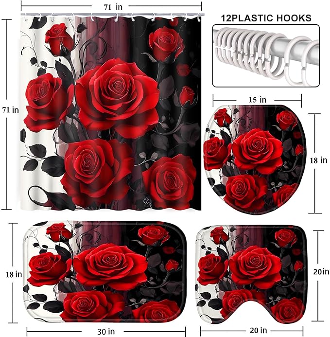 Poedist 4 Pcs Bathroom Shower Curtain Set,Red Black Rose Bathroom Set, Shower Curtain Sets with Rugs(Bath Mat,U Shape and Toilet Lid Cover Mat) and 12 Hooks