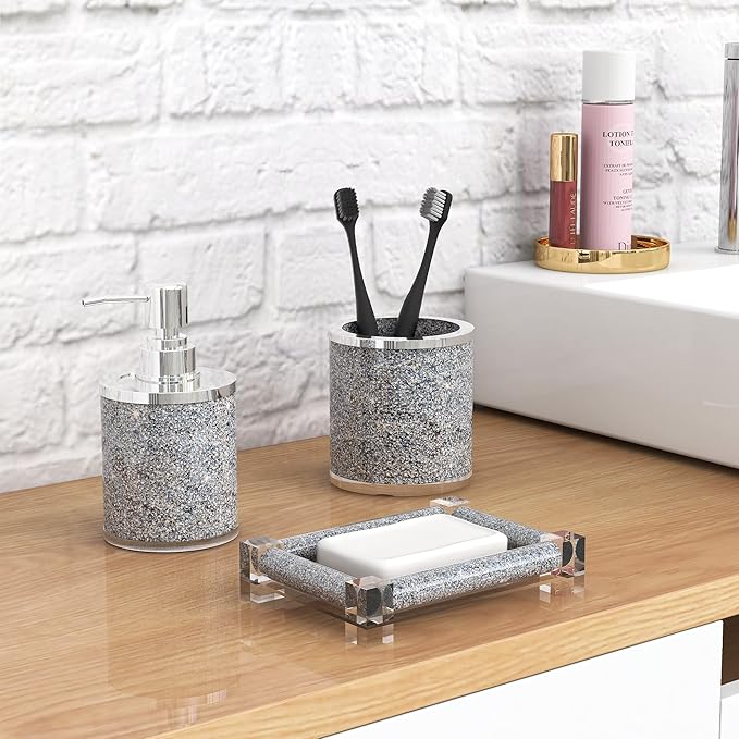 SHYFOY Bathroom Accessories Set, 3 Piece Silver Crystal Crushed Diamond Bathroom Accessory Decor Sets, Glass Bath Restroom Set Vanity Organizer Includes Soap Dispenser, Toothbrush Holder, Soap Dish