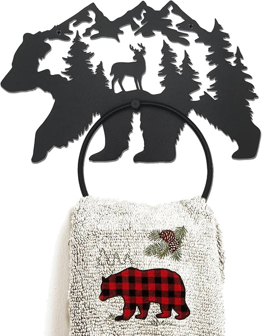 Black Bear Bathroom Decor Towel Holder for Bathroom Wall, Matte Black Log Cabin Towel Hook Rustic Bathroom Towel Rack Wall Mount, Round Towel Ring for Woodland Bathroom