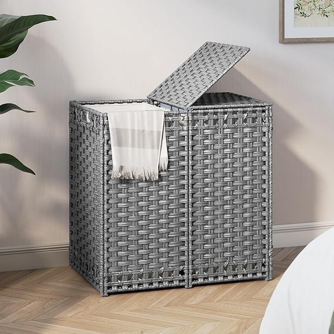130L Foldable Laundry Hamper with Lid - Handwoven Rattan Storage Basket, 2-Section Clothes Hamper w/2 Removable Liner Bags, Easy Assembly, Portable for Bedroom Bathroom Dorm,Grey