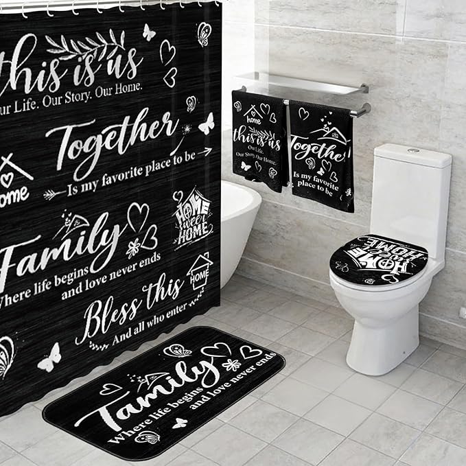 Tatuo 8 Pcs Family Shower Curtain Set Black Home Theme Bathroom Accessories Sets Farmhouse Rustic Waterproof Shower Curtain with Towels Carpet Bath Mat Toilet Rugs and 12 Hooks Housewarming Gift