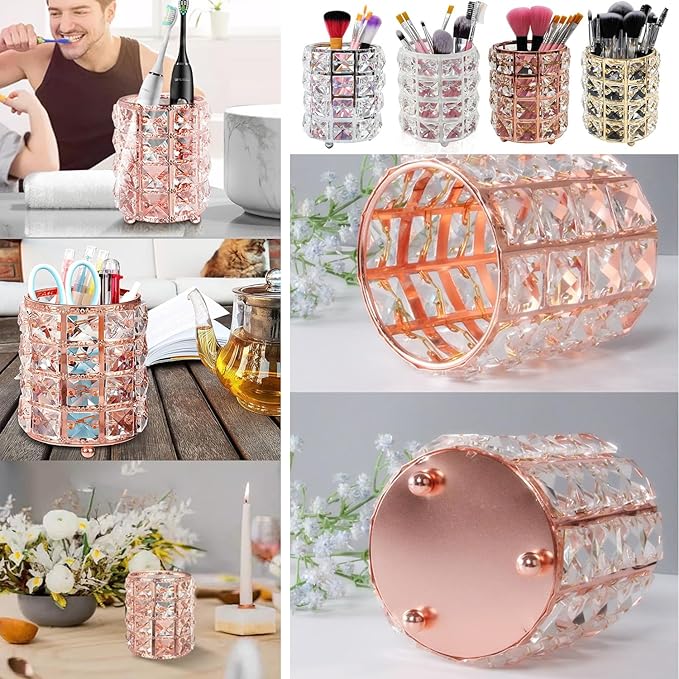 AKOAK 1 Pack Crystal Makeup Brush Holder Office Supplies Storage Rack Eyebrow Pencil/Lipstick/Pencil Makeup Container, Dressing Table, Bedroom, Office (Rose Gold)