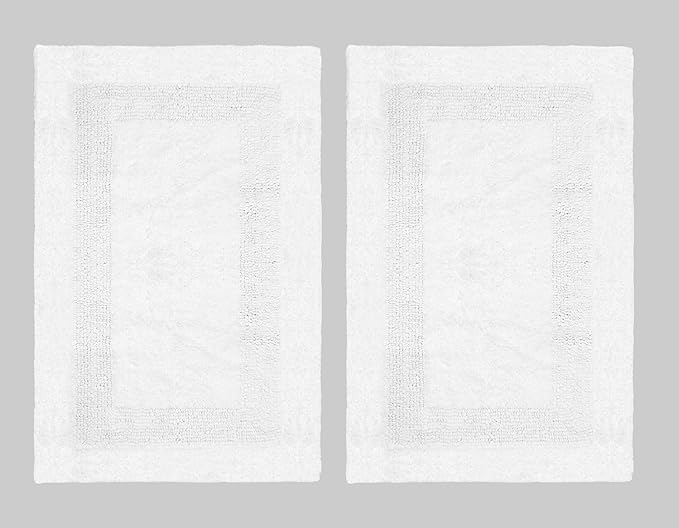 COTTON CRAFT Luxurious Bathmat Rug - Set of 2 Reversible Heavyweight Large Step Out Bath Mats for Bathroom Floor, Tub and Shower - Pure Cotton Soft Plush Absorbent Tufted Racetrack Mat - 20x30 - White