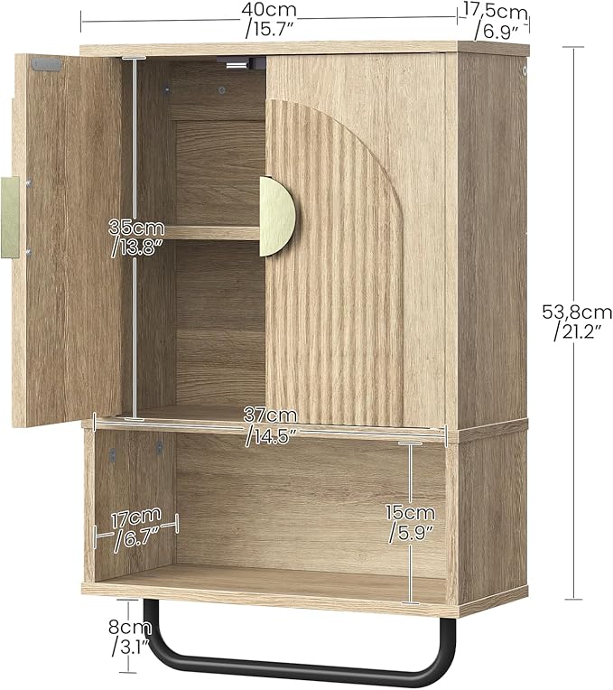 CHOEZON Bathroom Wall Cabinet, Medicine Cabinet for Bathroom, Wall Mounted Bathroom Cabinet with Towel Bar, Fluted Doors, Wall Cabinet for Bathroom, Kitchen, Living Room, Natural Oak and Gold