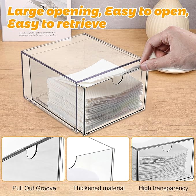 cobee Disposable Face Towel Holder, Acrylic Face Towel Storage Box Bin Container Stackable Clear Makeup Organizer with Drawer for Vanity Bathroom Makeup Organization