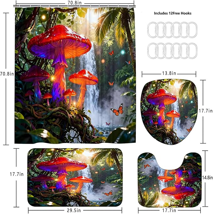 jieprom 4 Piece Tropical Waterfall Shower Curtain Set with Rugs, Vibrant Magical Mushroom & Butterfly Art, Jungle Nature Aesthetic Bathroom Decor, Waterproof Fabric, Non-Slip Mats & Toilet Lid Cover