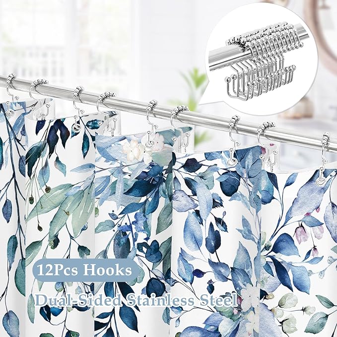 Gibelle Small Stall 3 in 1 Shower Curtain Set,Eucalyptus Bath Curtain with PEVA Liner Set and 12 Metal Hooks, Modern Waterproof Fabric Bathroom Curtain 36x72, Blue