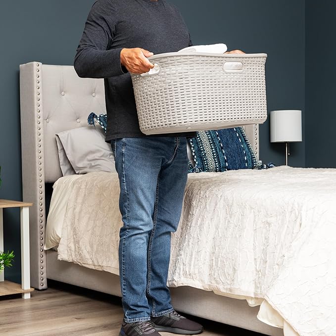 Mind Reader 40L Laundry Basket, Clothes Hamper, Premium Wicker Design, Plastic, Set of 2, Ivory